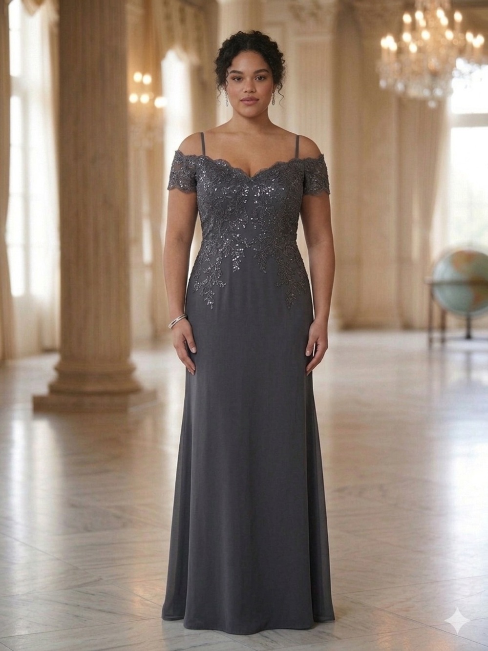 Acenia NWT Gray Off the Shoulder Lace Sequined Formal Gown Evening Dress Size 14